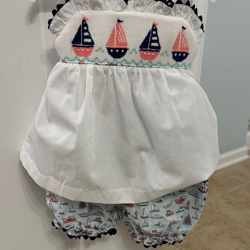 Sailboat Smocked Girls Outfit - White and Navy